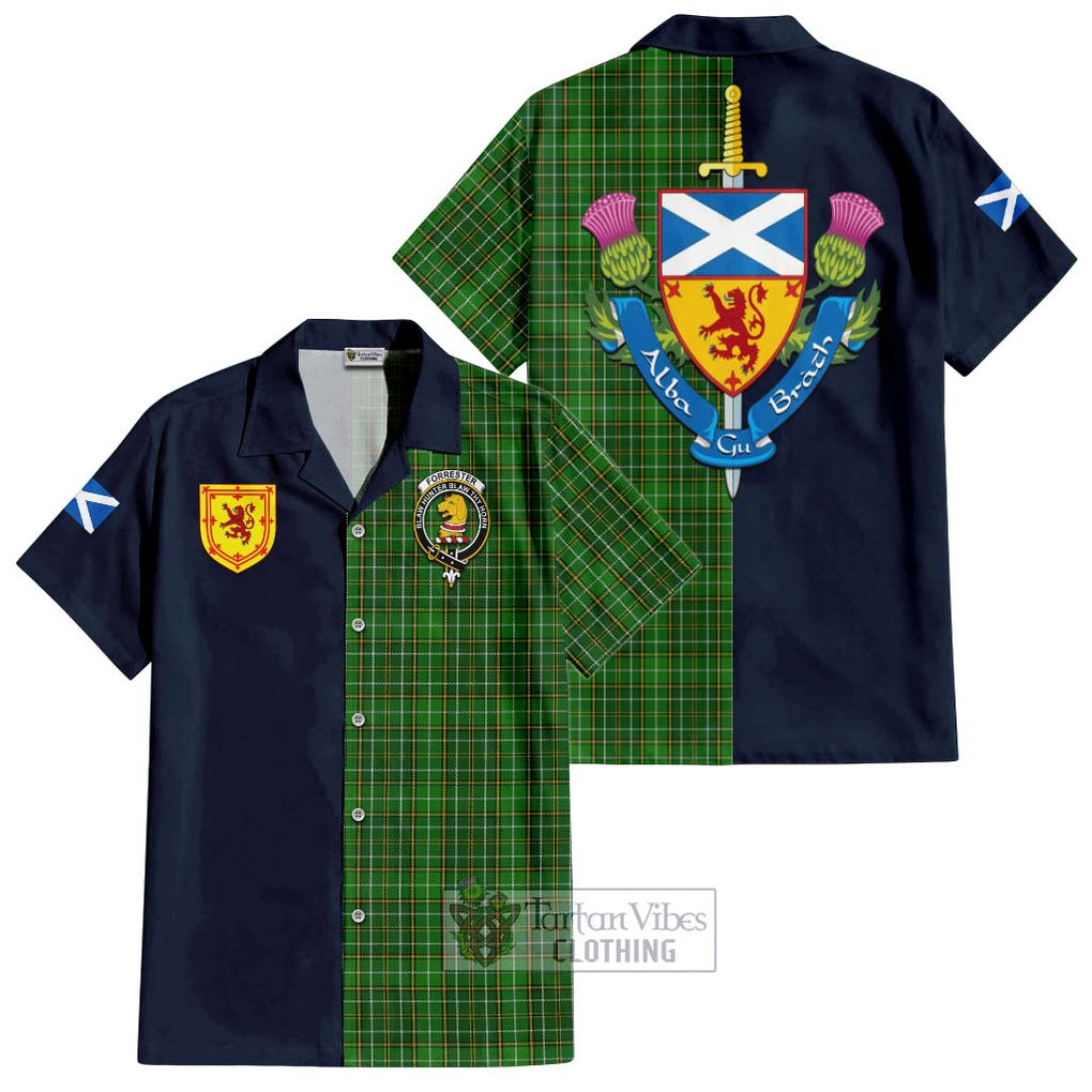 Tartan Vibes Clothing Forrester Hunting Tartan Short Sleeve Button Shirt with Scottish Lion Royal Arm Half Style