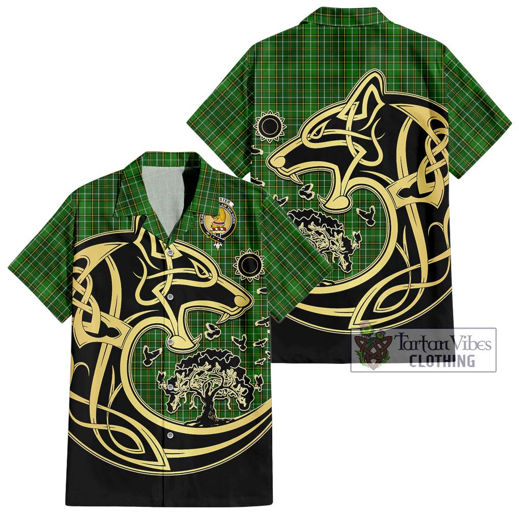 Forrester Hunting Tartan Short Sleeve Button Shirt with Family Crest Celtic Wolf Style Kid - Tartan Vibes Clothing