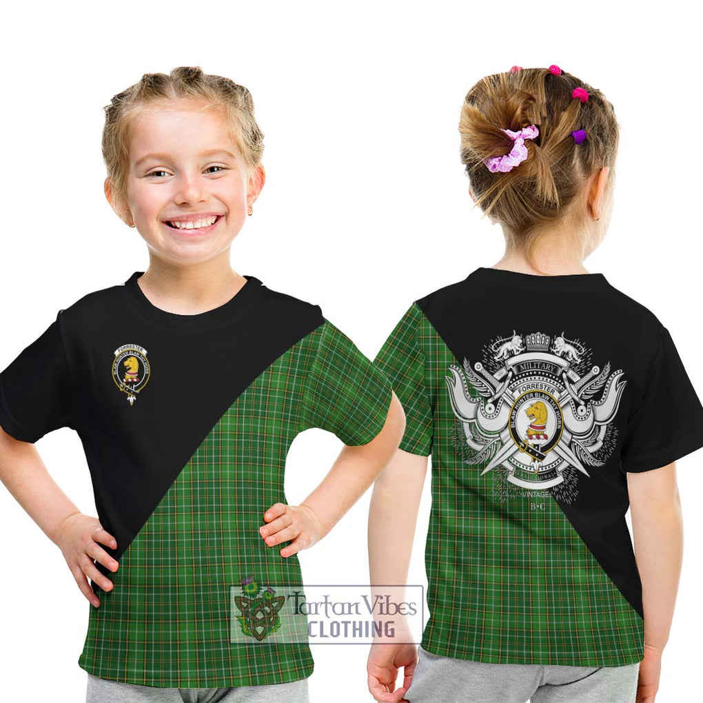 Forrester Hunting Tartan Kid T-Shirt with Family Crest and Military Logo Style - Tartanvibesclothing Shop