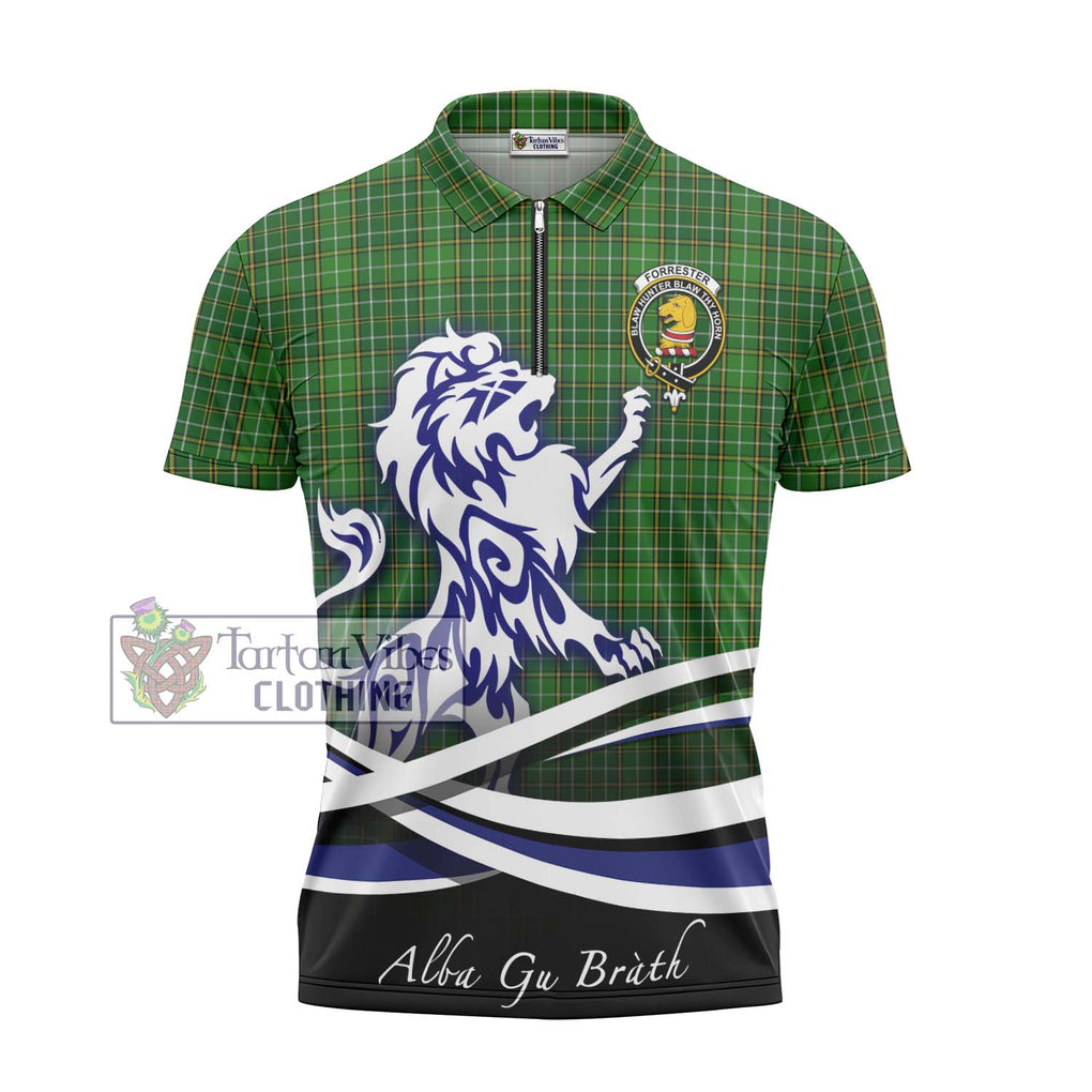 Forrester Hunting Tartan Zipper Polo Shirt with Alba Gu Brath Regal Lion Emblem - Tartanvibesclothing Shop