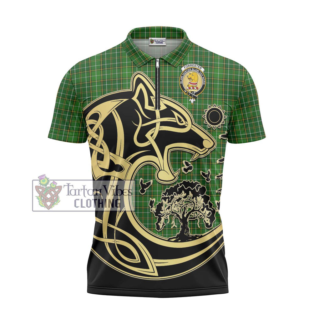 Forrester Hunting Tartan Zipper Polo Shirt with Family Crest Celtic Wolf Style - Tartanvibesclothing Shop