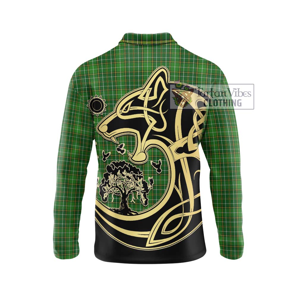 Forrester Hunting Tartan Long Sleeve Polo Shirt with Family Crest Celtic Wolf Style - Tartanvibesclothing Shop