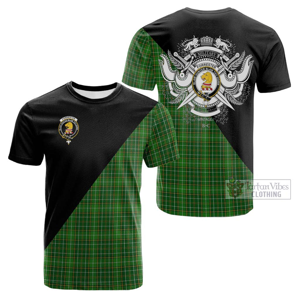 Tartan Vibes Clothing Forrester Hunting Tartan Cotton T-shirt with Family Crest and Military Logo Style