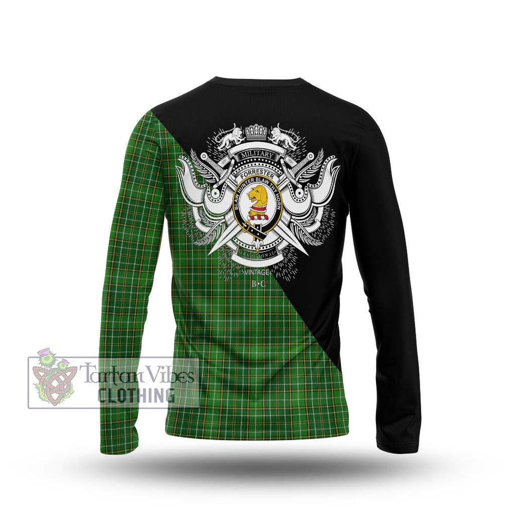 Forrester Hunting Tartan Long Sleeve T-Shirt with Family Crest and Military Logo Style - Tartanvibesclothing Shop