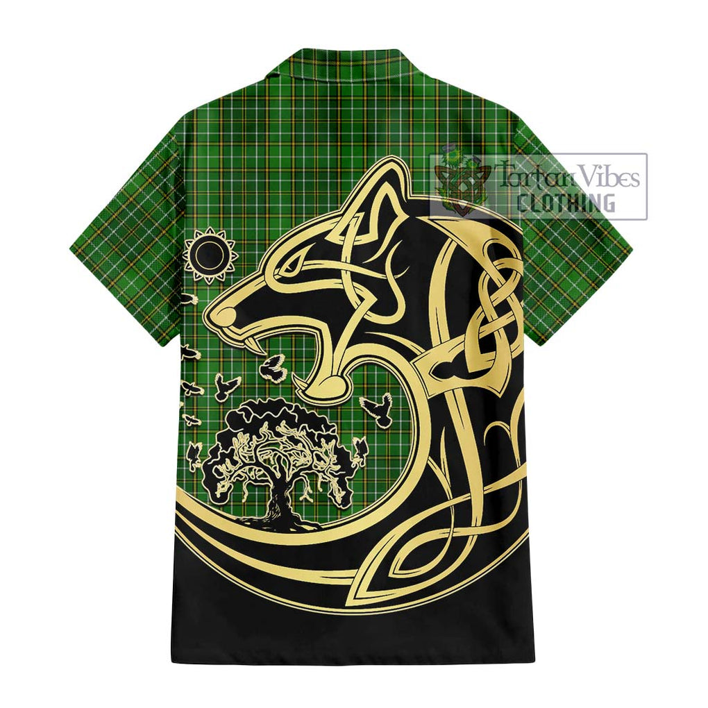 Forrester Hunting Tartan Short Sleeve Button Shirt with Family Crest Celtic Wolf Style - Tartan Vibes Clothing