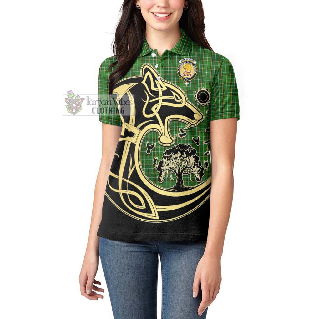 Forrester Hunting Tartan Women's Polo Shirt with Family Crest Celtic Wolf Style - Tartanvibesclothing Shop