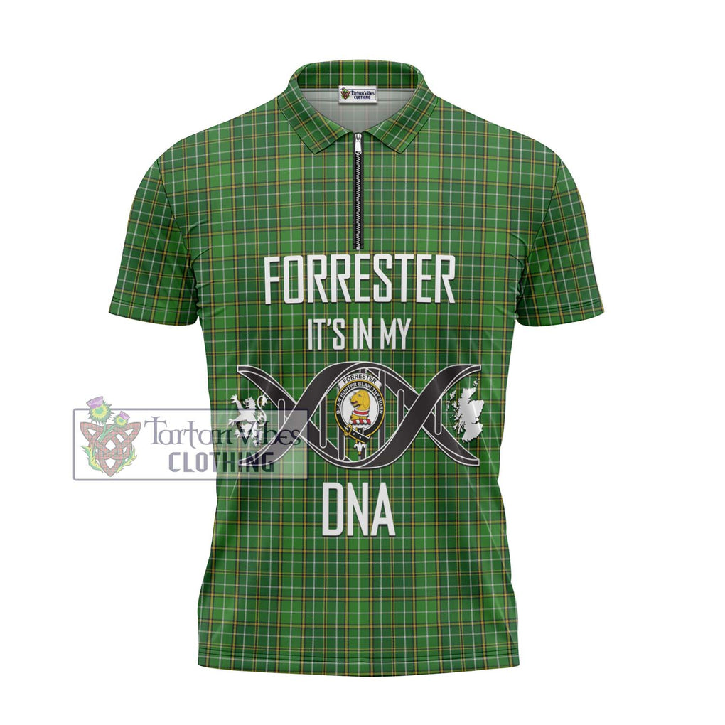 Forrester Hunting Tartan Zipper Polo Shirt with Family Crest DNA In Me Style - Tartanvibesclothing Shop