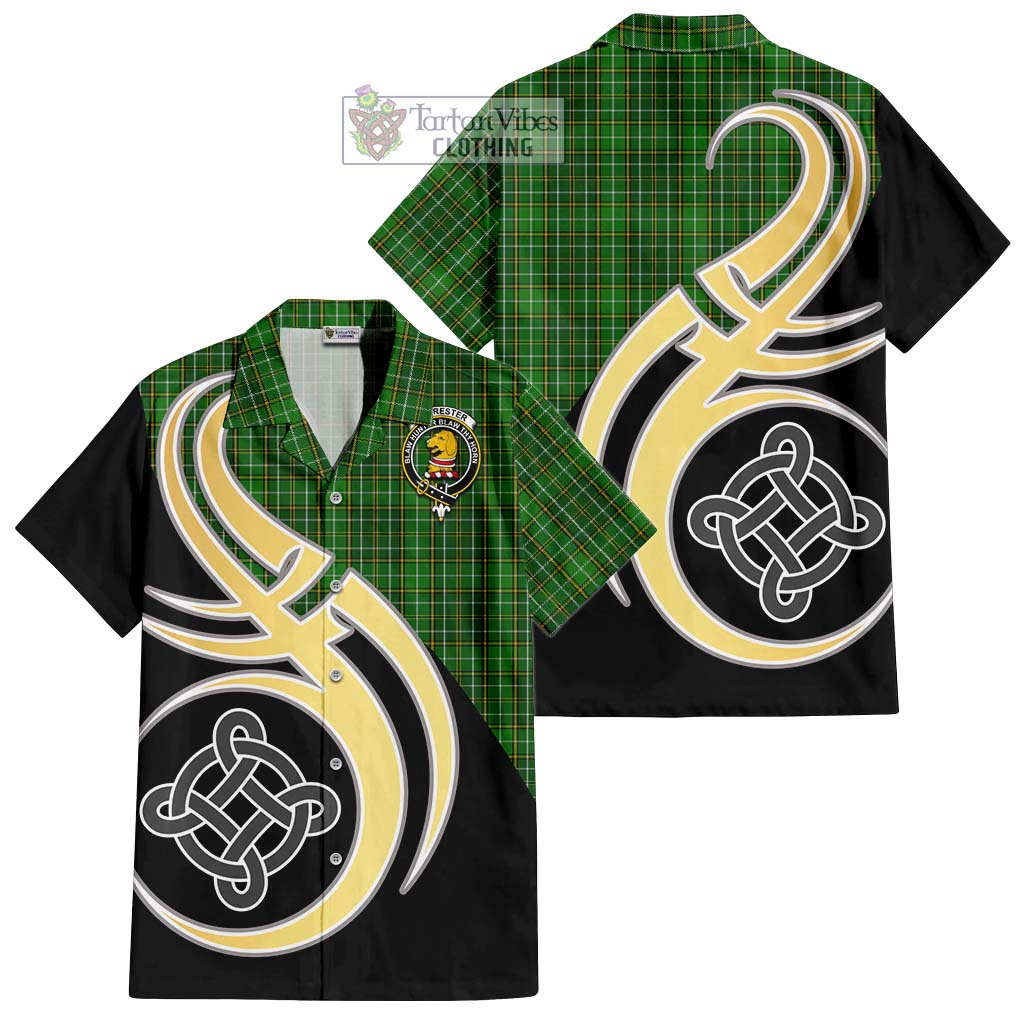 Forrester Hunting Tartan Short Sleeve Button Shirt with Family Crest and Celtic Symbol Style - Tartan Vibes Clothing