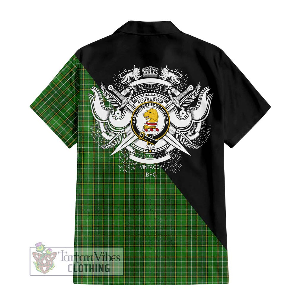 Forrester Hunting Tartan Short Sleeve Button Shirt with Family Crest and Military Logo Style - Tartanvibesclothing Shop