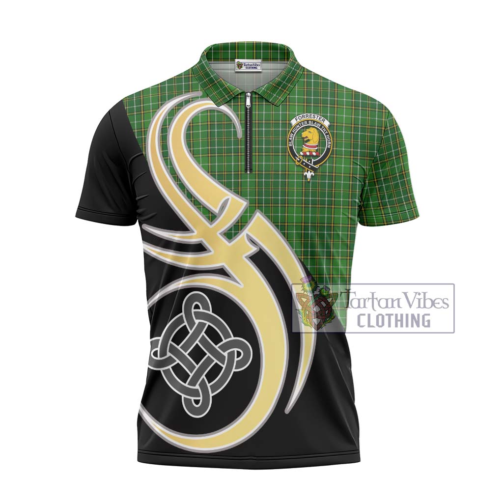 Tartan Vibes Clothing Forrester Hunting Tartan Zipper Polo Shirt with Family Crest and Celtic Symbol Style