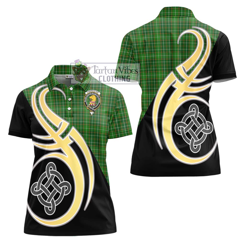 Forrester Hunting Tartan Women's Polo Shirt with Family Crest and Celtic Symbol Style - Tartan Vibes Clothing