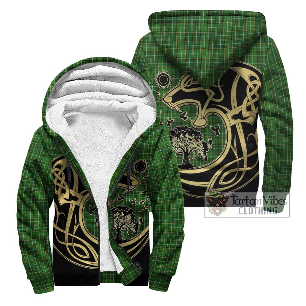 Forrester Hunting Tartan Sherpa Hoodie with Family Crest Celtic Wolf Style Unisex - Tartan Vibes Clothing