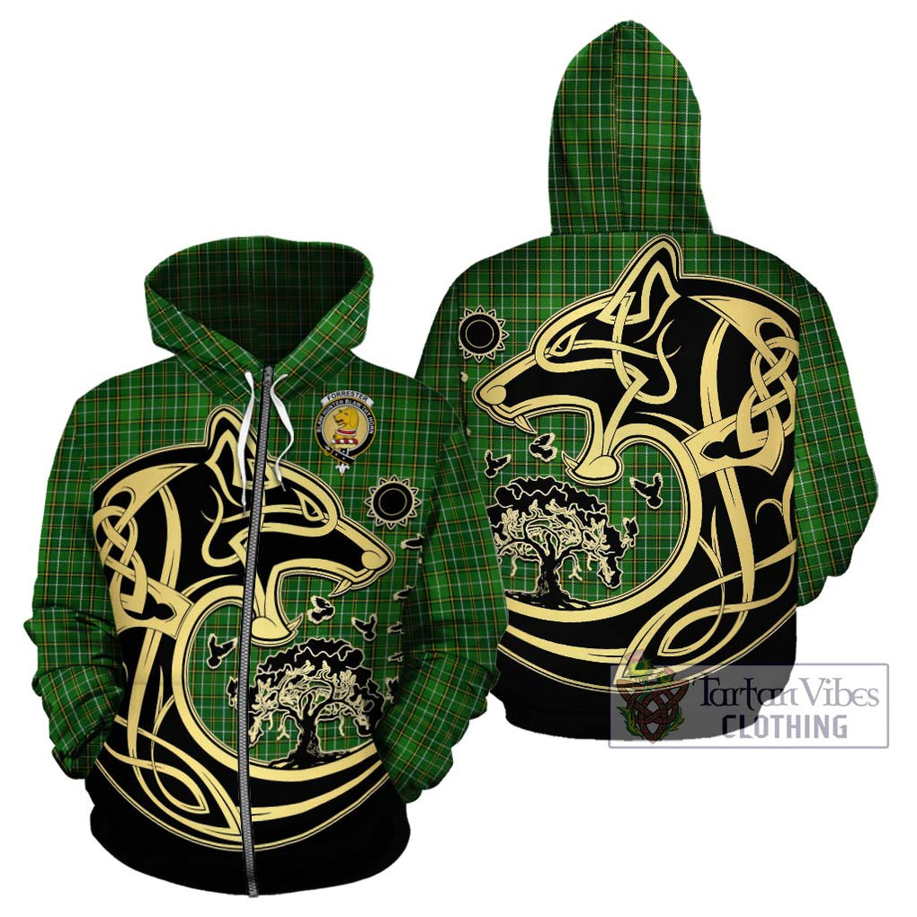 Forrester Hunting Tartan Hoodie with Family Crest Celtic Wolf Style - Tartan Vibes Clothing