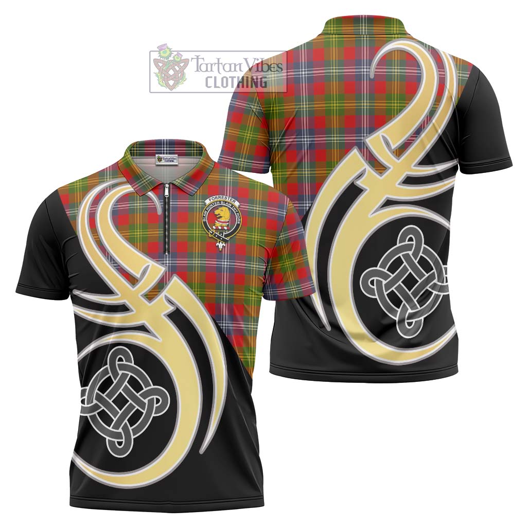 Tartan Vibes Clothing Forrester Modern Tartan Zipper Polo Shirt with Family Crest and Celtic Symbol Style