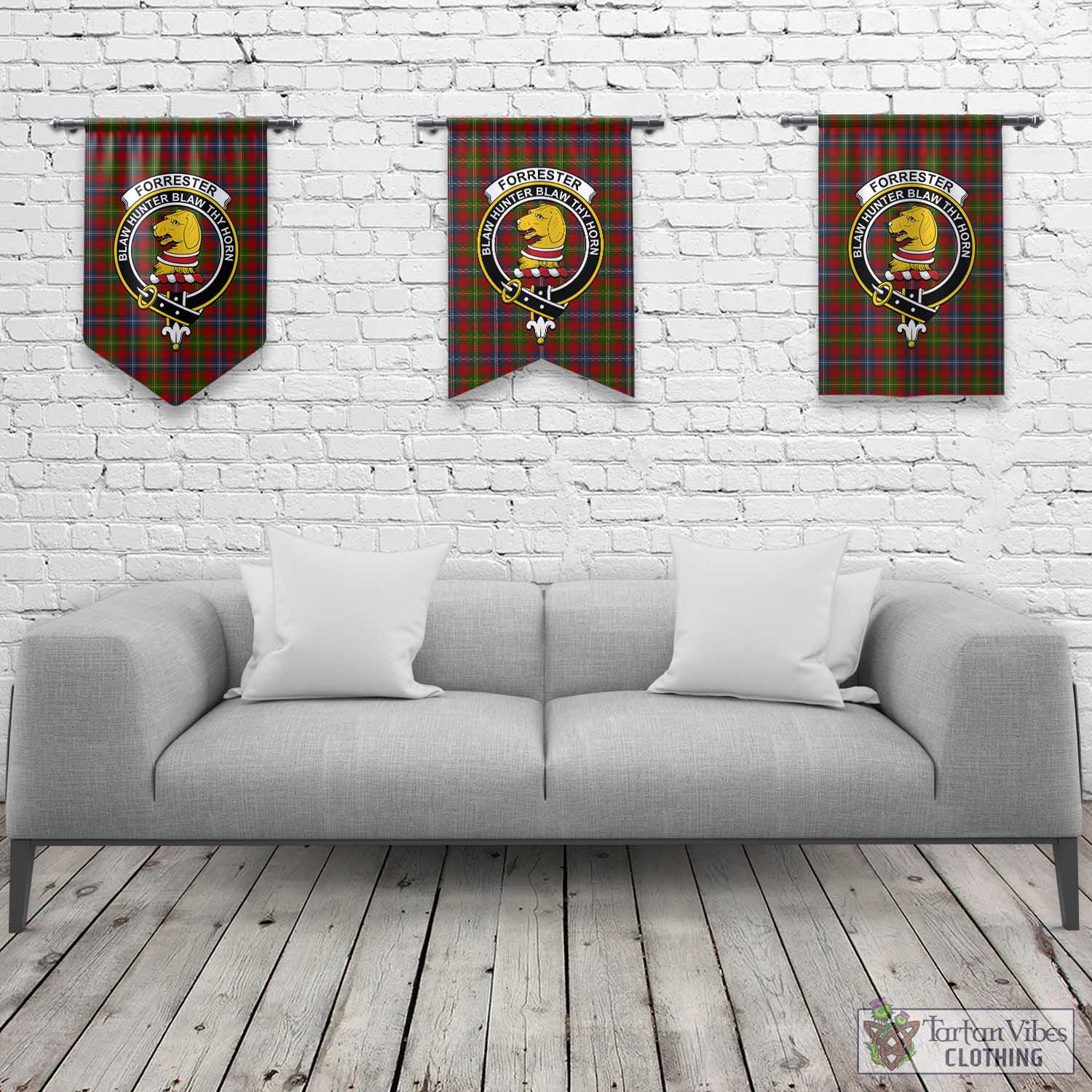 Tartan Vibes Clothing Forrester or Foster Tartan Gonfalon, Tartan Banner with Family Crest