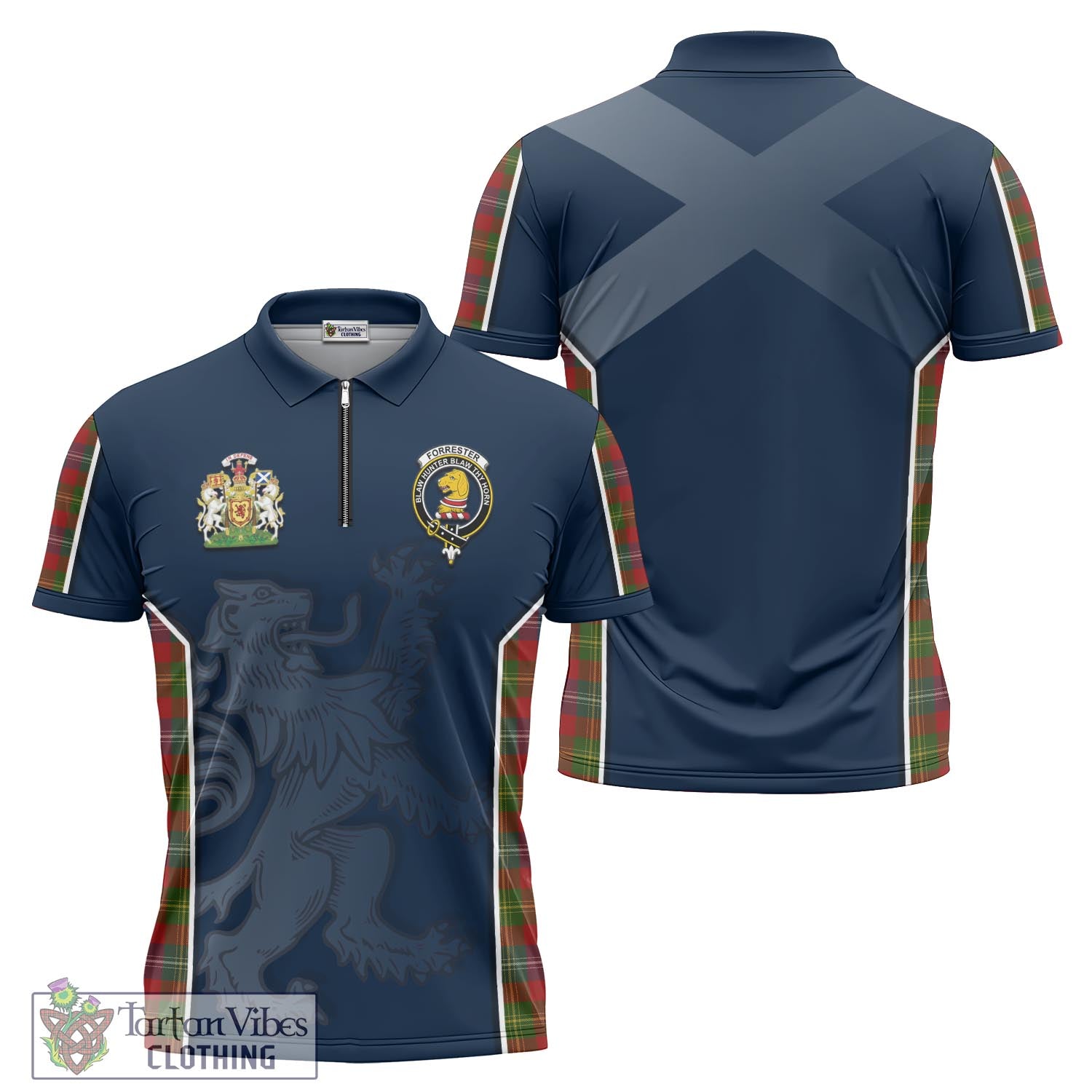 Tartan Vibes Clothing Forrester or Foster Tartan Zipper Polo Shirt with Family Crest and Lion Rampant Vibes Sport Style