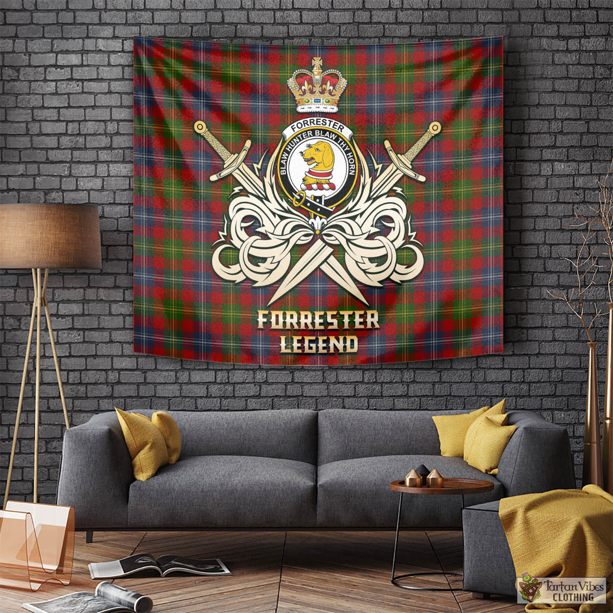 Tartan Vibes Clothing Forrester or Foster Tartan Tapestry with Clan Crest and the Golden Sword of Courageous Legacy