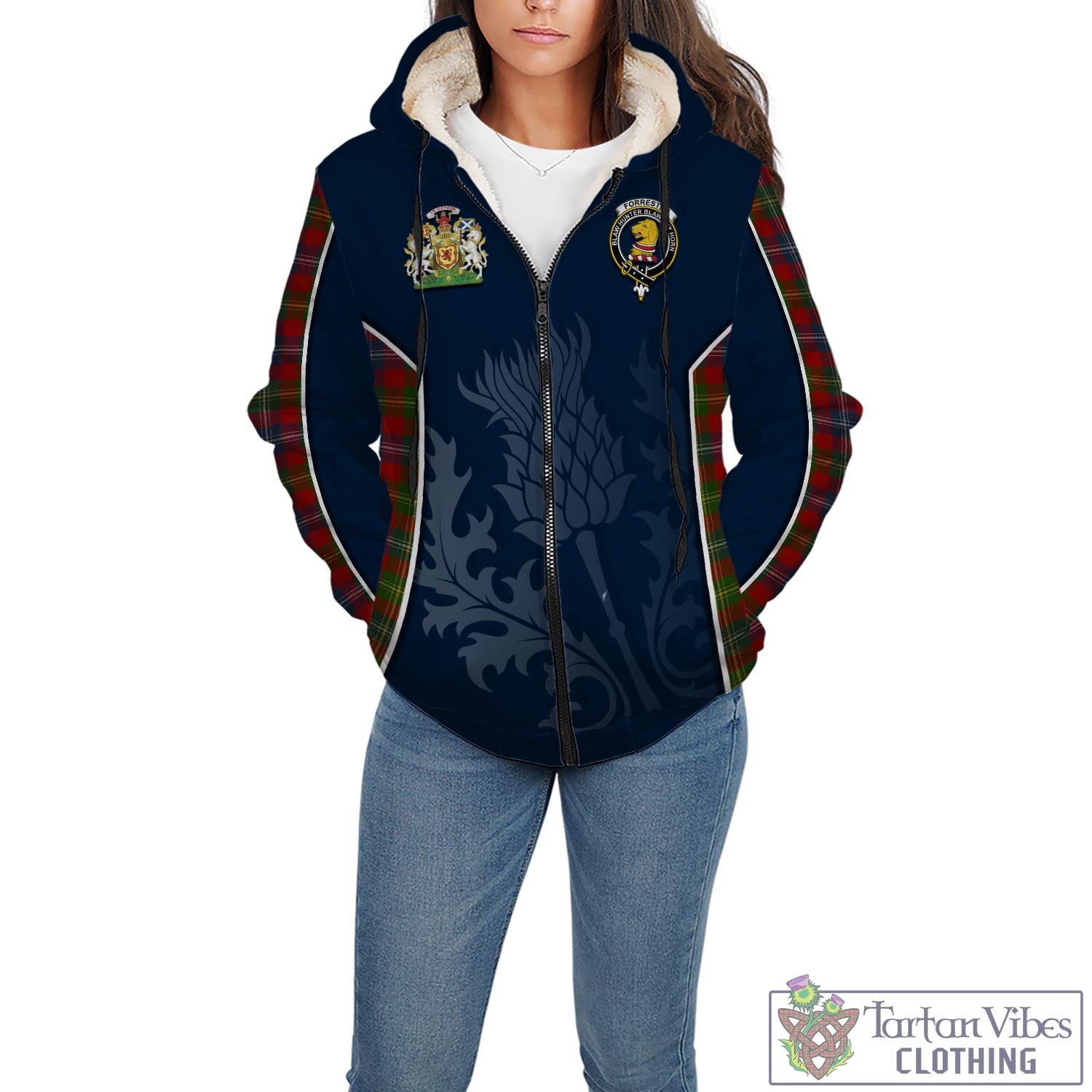 Tartan Vibes Clothing Forrester or Foster Tartan Sherpa Hoodie with Family Crest and Scottish Thistle Vibes Sport Style