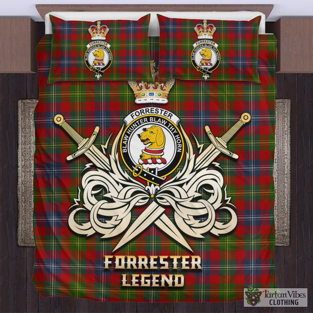 Tartan Vibes Clothing Forrester or Foster Tartan Bedding Set with Clan Crest and the Golden Sword of Courageous Legacy