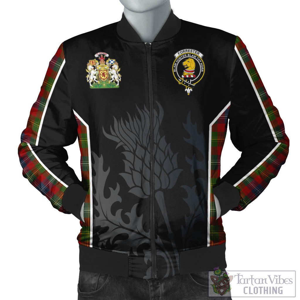 Tartan Vibes Clothing Forrester or Foster Tartan Bomber Jacket with Family Crest and Scottish Thistle Vibes Sport Style