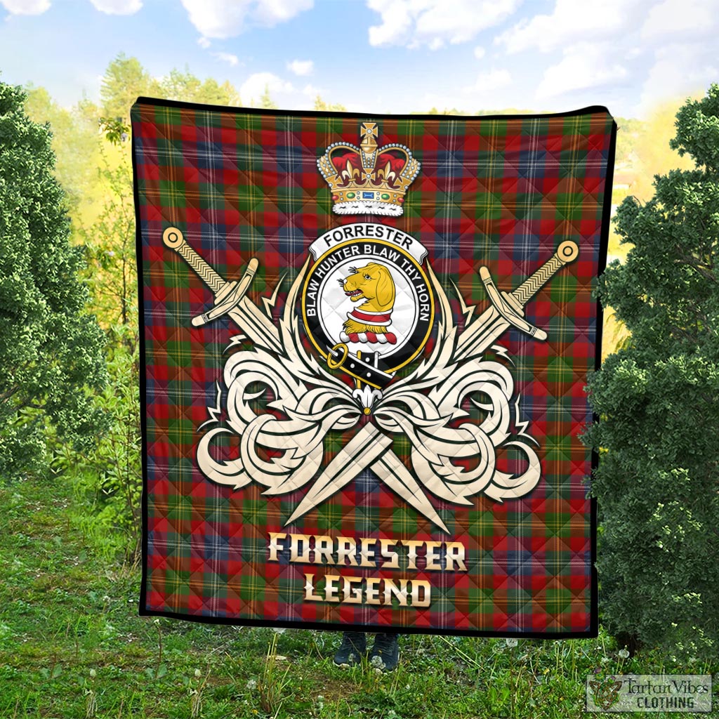 Tartan Vibes Clothing Forrester or Foster Tartan Quilt with Clan Crest and the Golden Sword of Courageous Legacy