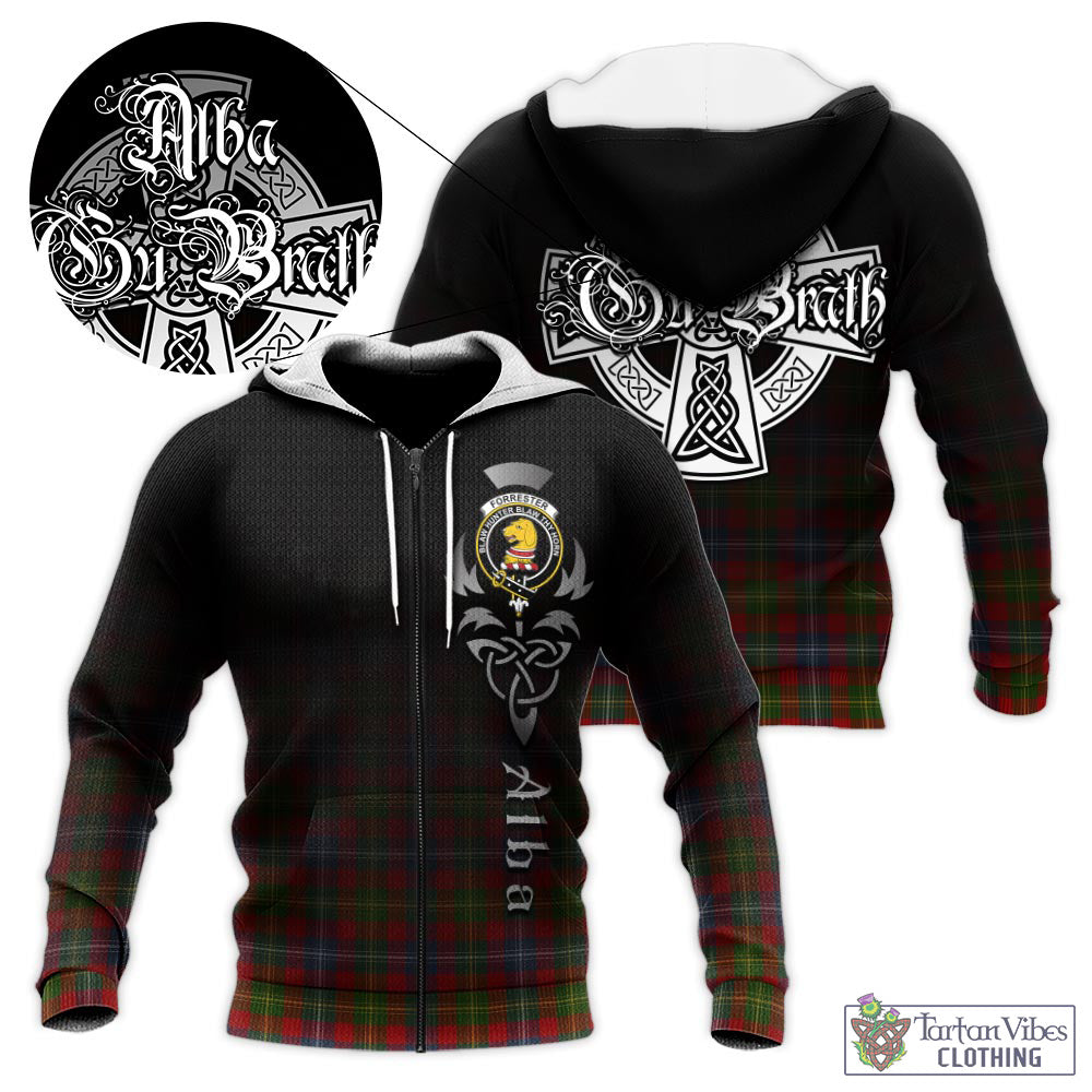 Tartan Vibes Clothing Forrester or Foster Tartan Knitted Hoodie Featuring Alba Gu Brath Family Crest Celtic Inspired