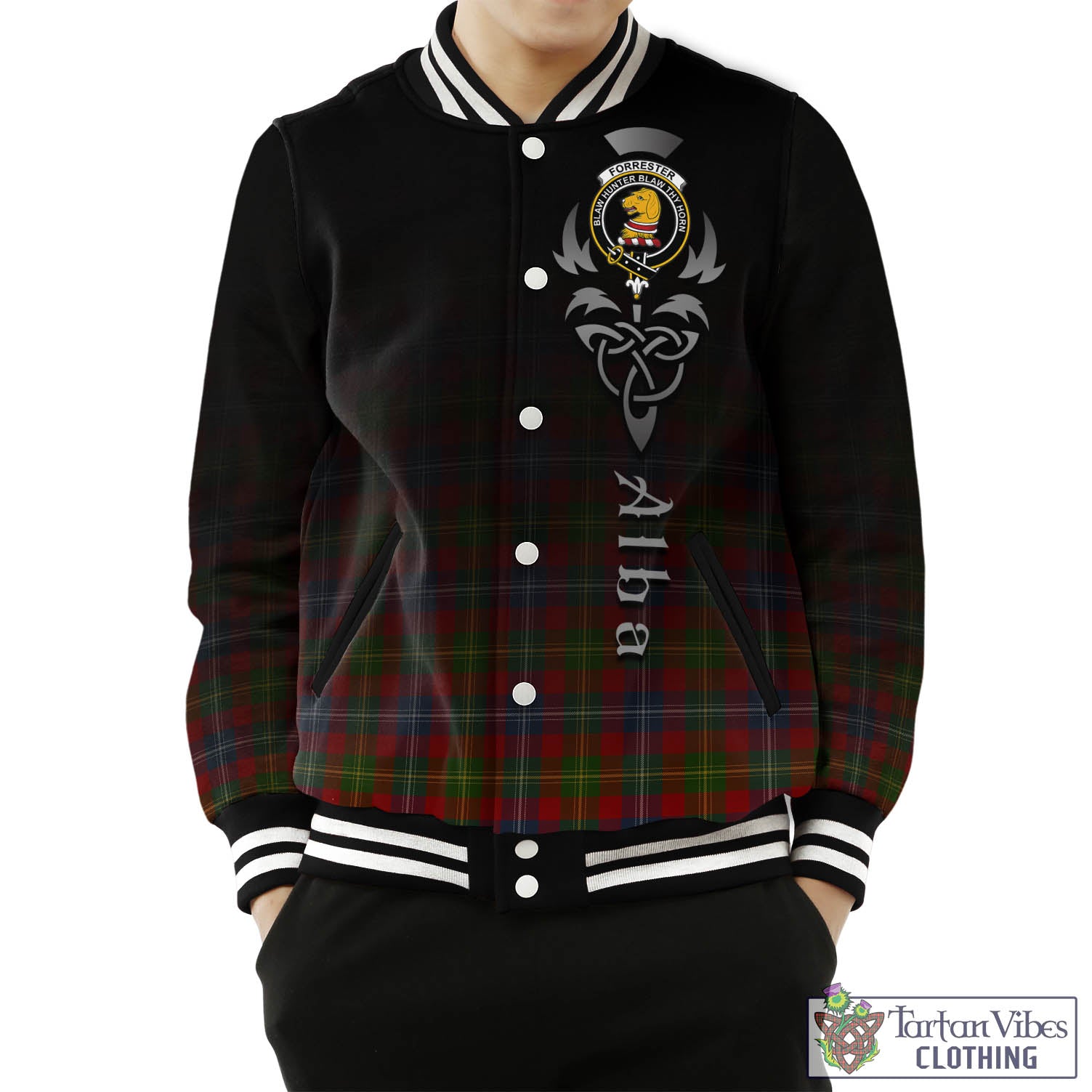 Tartan Vibes Clothing Forrester or Foster Tartan Baseball Jacket Featuring Alba Gu Brath Family Crest Celtic Inspired