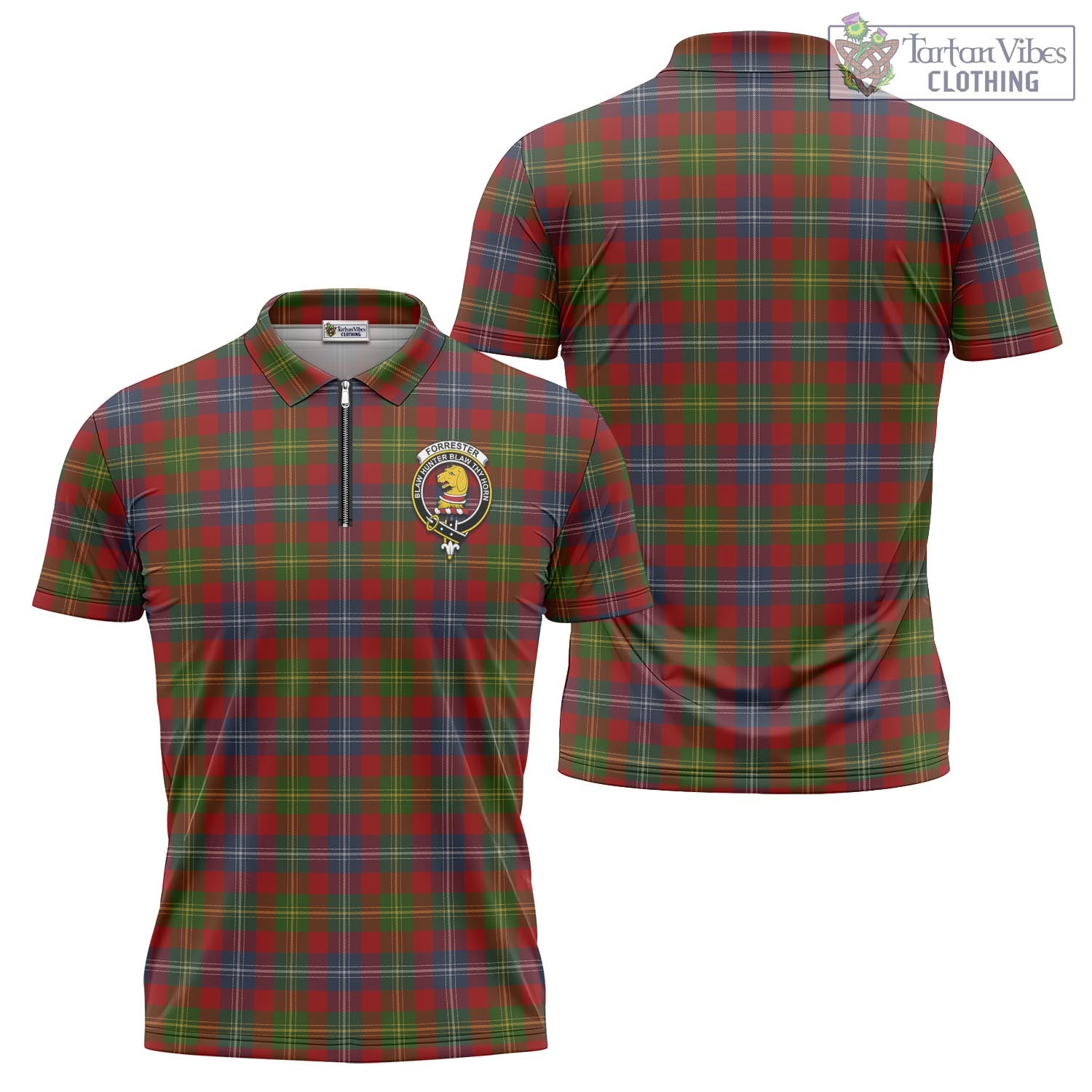 Tartan Vibes Clothing Forrester or Foster Tartan Zipper Polo Shirt with Family Crest