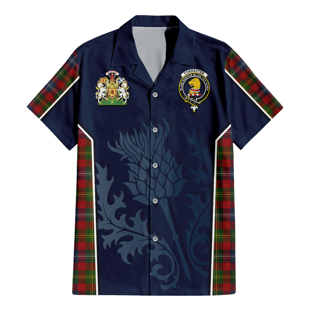 Tartan Vibes Clothing Forrester or Foster Tartan Short Sleeve Button Up Shirt with Family Crest and Scottish Thistle Vibes Sport Style