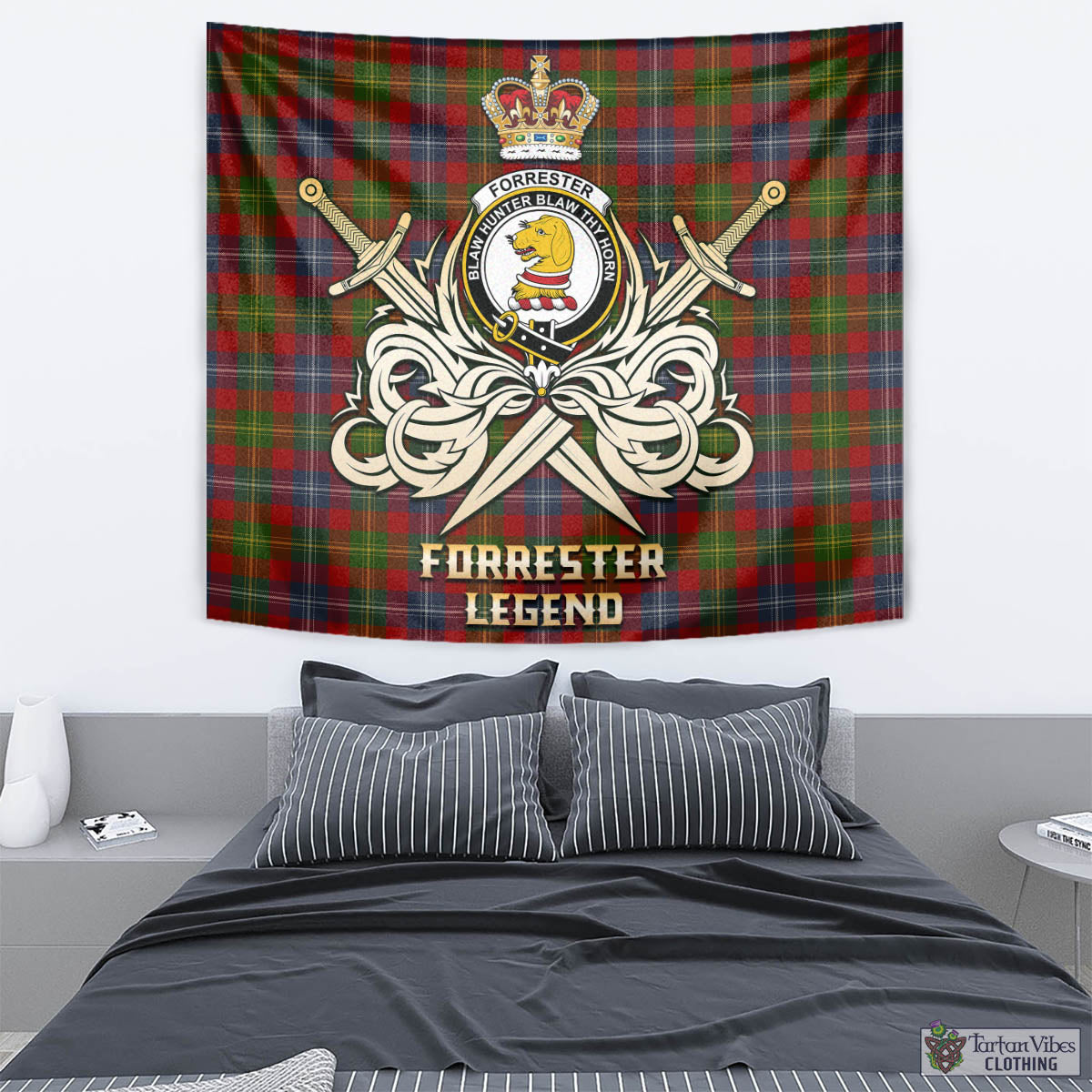 Tartan Vibes Clothing Forrester or Foster Tartan Tapestry with Clan Crest and the Golden Sword of Courageous Legacy