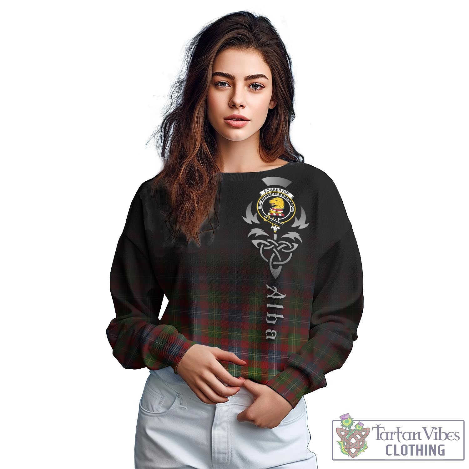 Tartan Vibes Clothing Forrester or Foster Tartan Sweatshirt Featuring Alba Gu Brath Family Crest Celtic Inspired