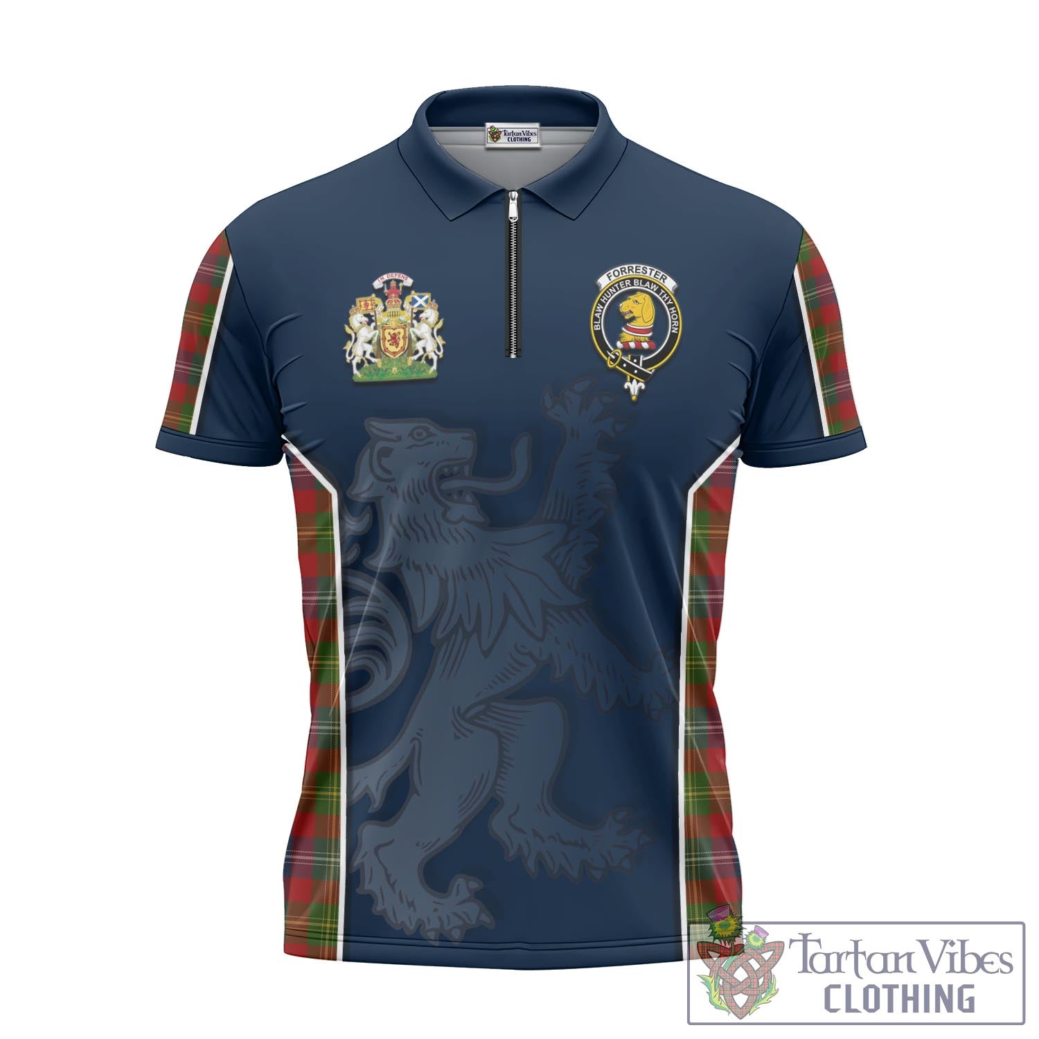 Tartan Vibes Clothing Forrester or Foster Tartan Zipper Polo Shirt with Family Crest and Lion Rampant Vibes Sport Style