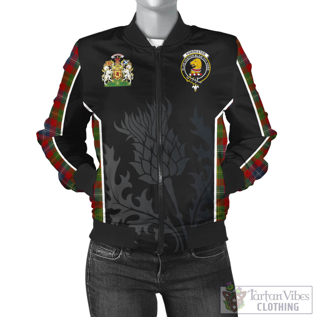 Tartan Vibes Clothing Forrester or Foster Tartan Bomber Jacket with Family Crest and Scottish Thistle Vibes Sport Style