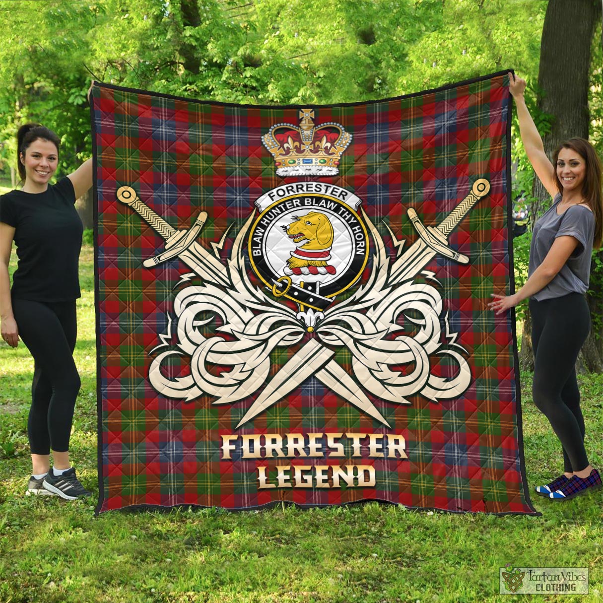 Tartan Vibes Clothing Forrester or Foster Tartan Quilt with Clan Crest and the Golden Sword of Courageous Legacy