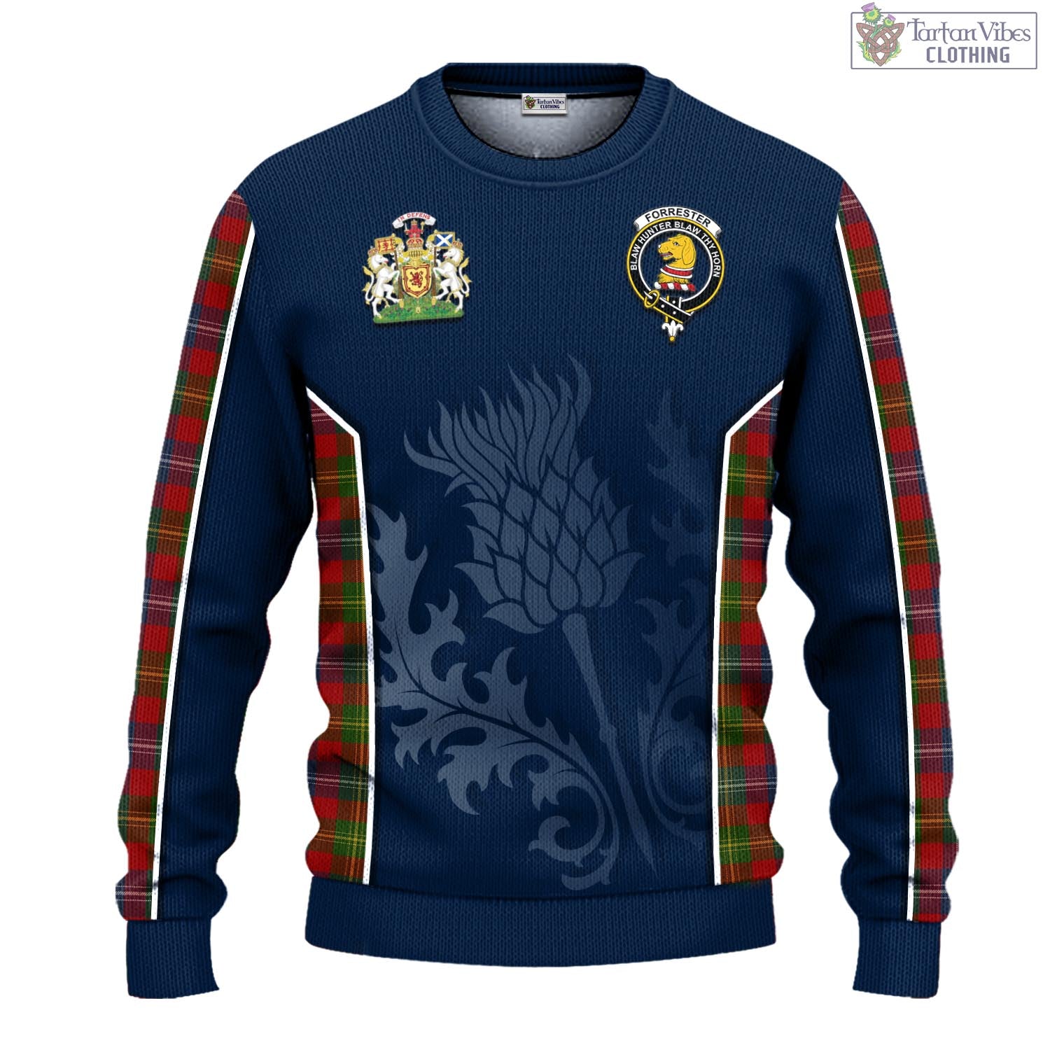 Tartan Vibes Clothing Forrester or Foster Tartan Knitted Sweatshirt with Family Crest and Scottish Thistle Vibes Sport Style