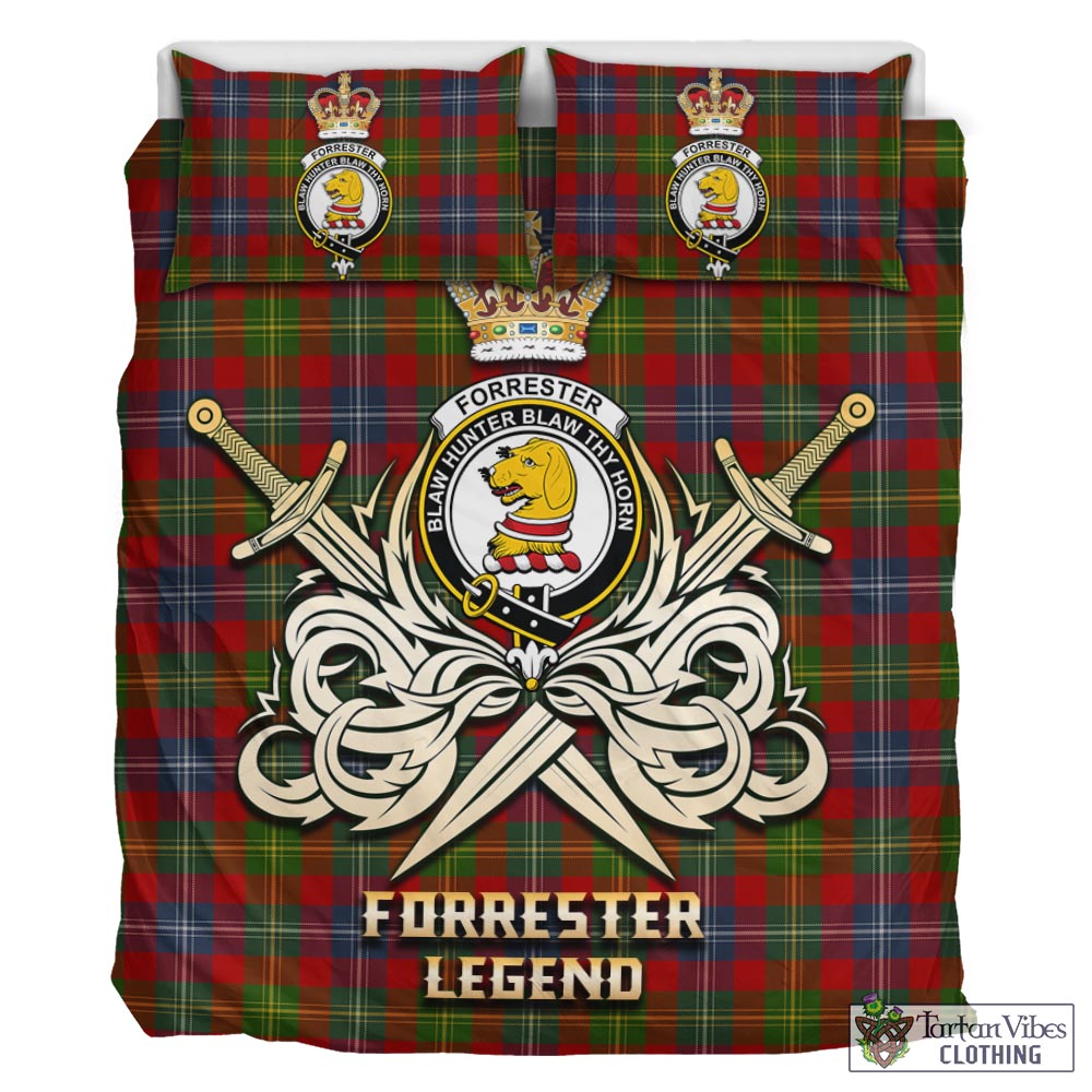 Tartan Vibes Clothing Forrester or Foster Tartan Bedding Set with Clan Crest and the Golden Sword of Courageous Legacy