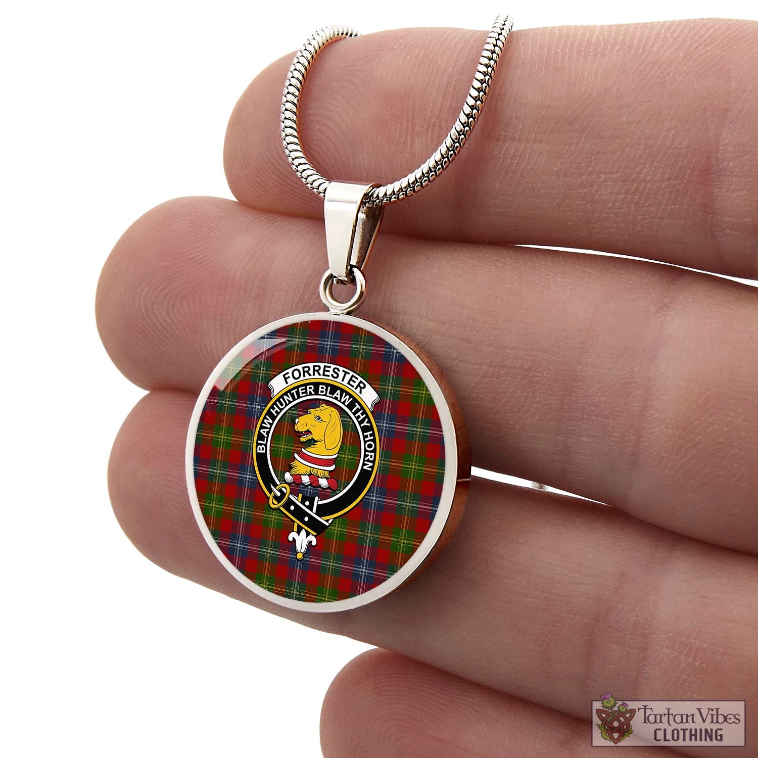 Tartan Vibes Clothing Forrester or Foster Tartan Circle Necklace with Family Crest