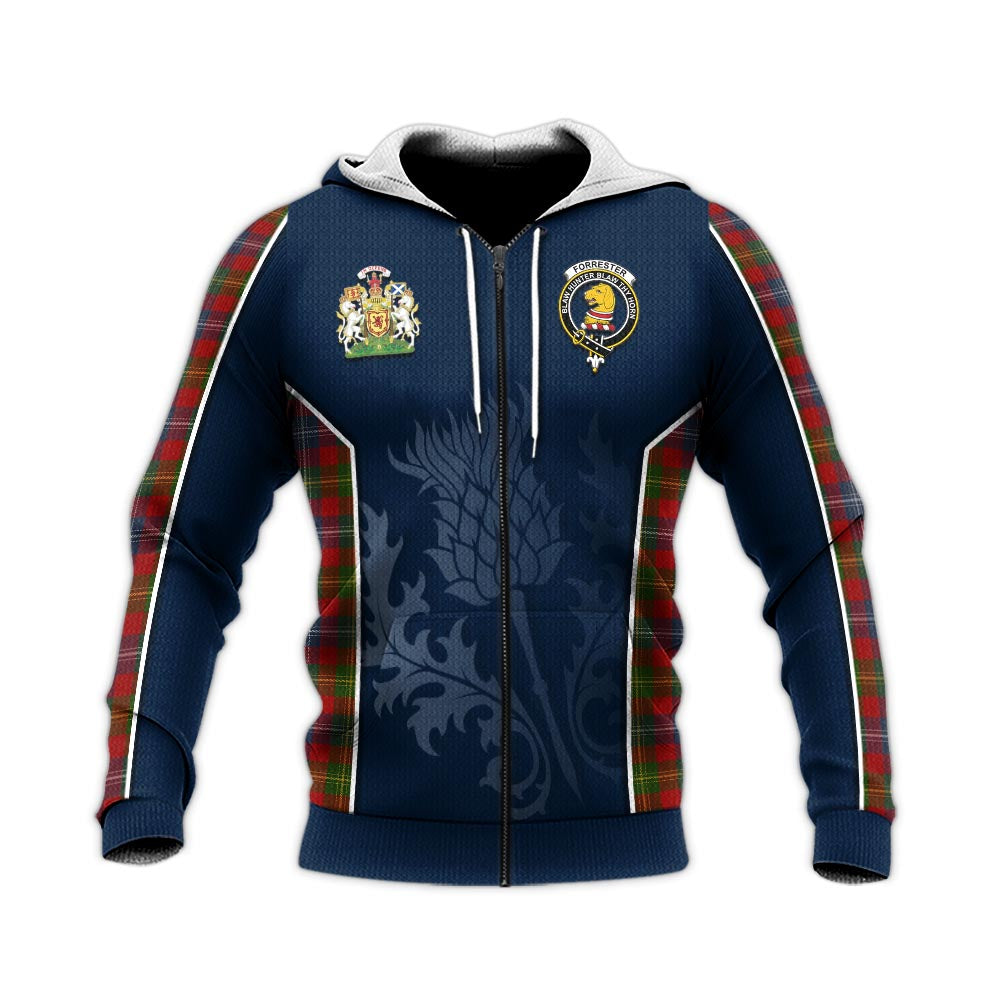 Tartan Vibes Clothing Forrester or Foster Tartan Knitted Hoodie with Family Crest and Scottish Thistle Vibes Sport Style