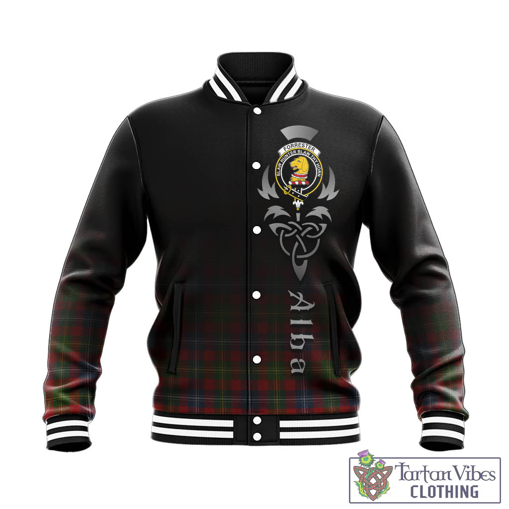 Tartan Vibes Clothing Forrester or Foster Tartan Baseball Jacket Featuring Alba Gu Brath Family Crest Celtic Inspired