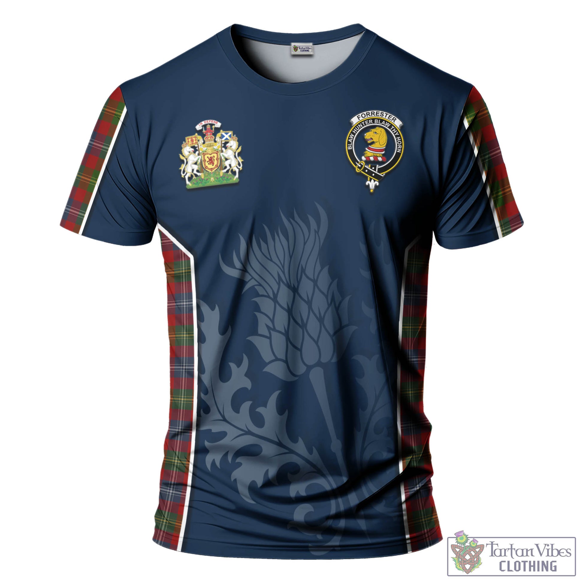 Tartan Vibes Clothing Forrester or Foster Tartan T-Shirt with Family Crest and Scottish Thistle Vibes Sport Style