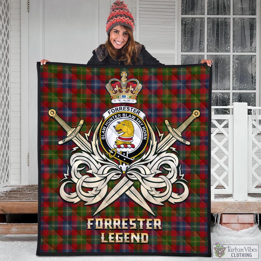 Tartan Vibes Clothing Forrester or Foster Tartan Quilt with Clan Crest and the Golden Sword of Courageous Legacy