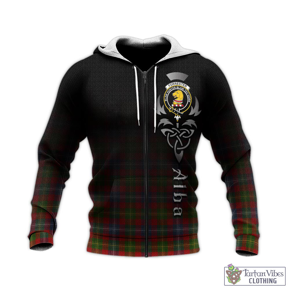 Tartan Vibes Clothing Forrester or Foster Tartan Knitted Hoodie Featuring Alba Gu Brath Family Crest Celtic Inspired