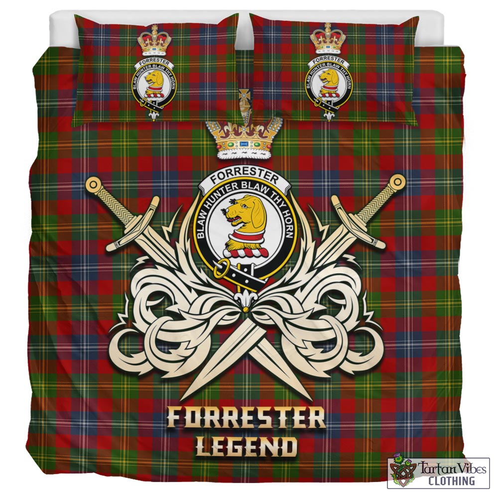 Tartan Vibes Clothing Forrester or Foster Tartan Bedding Set with Clan Crest and the Golden Sword of Courageous Legacy