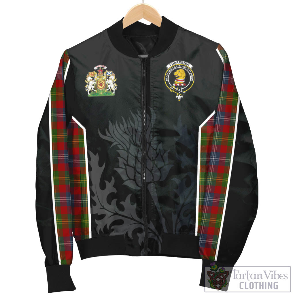 Tartan Vibes Clothing Forrester or Foster Tartan Bomber Jacket with Family Crest and Scottish Thistle Vibes Sport Style