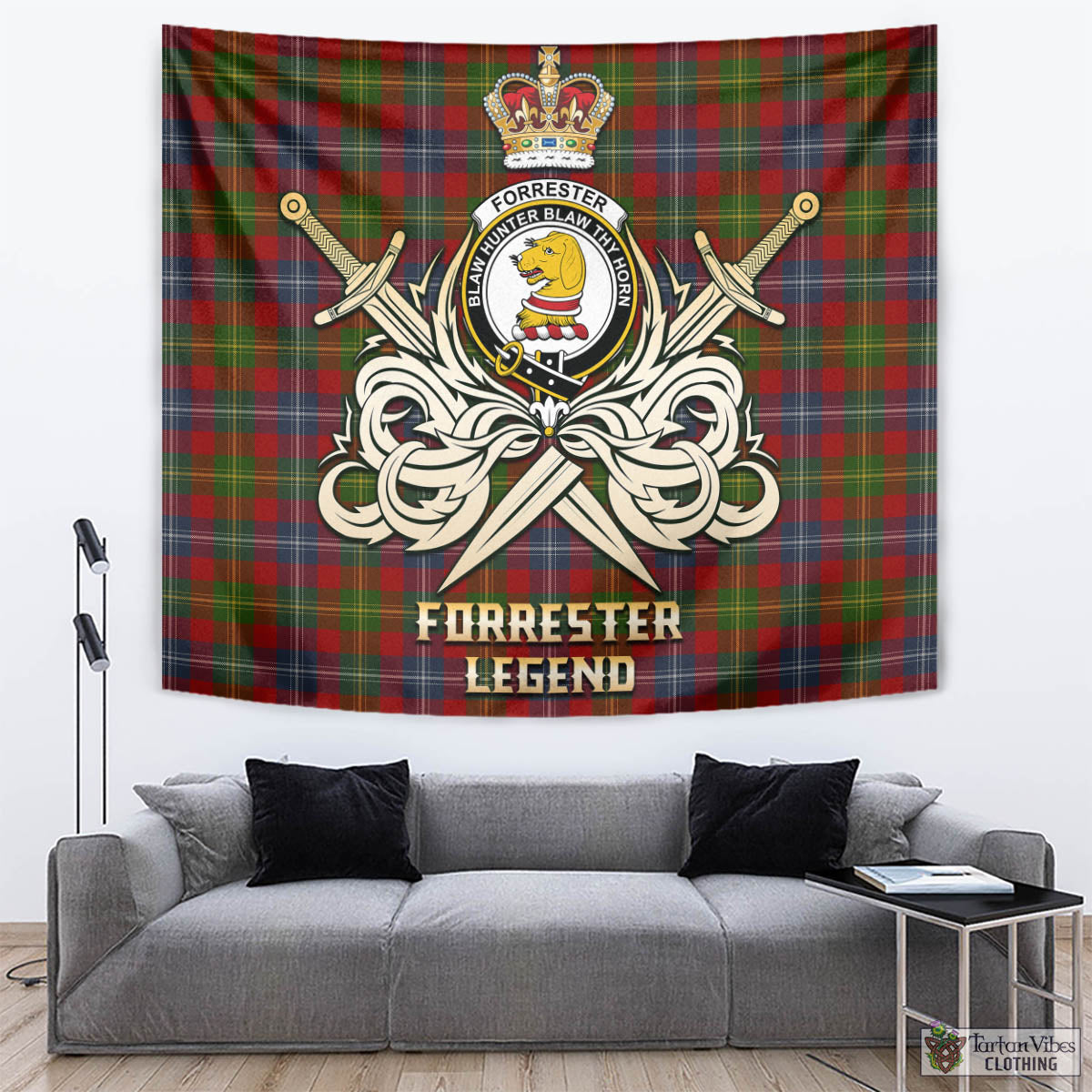 Tartan Vibes Clothing Forrester or Foster Tartan Tapestry with Clan Crest and the Golden Sword of Courageous Legacy