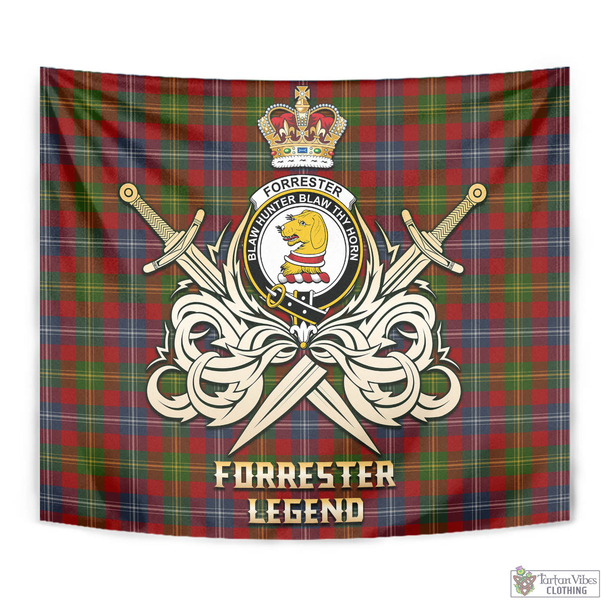 Tartan Vibes Clothing Forrester or Foster Tartan Tapestry with Clan Crest and the Golden Sword of Courageous Legacy