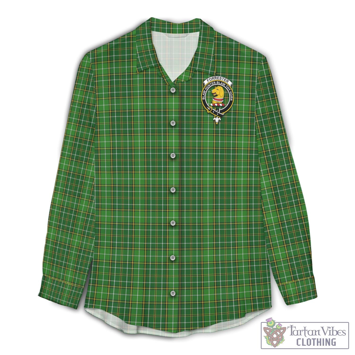 Tartan Vibes Clothing Forrester or Foster Hunting Tartan Womens Casual Shirt with Family Crest