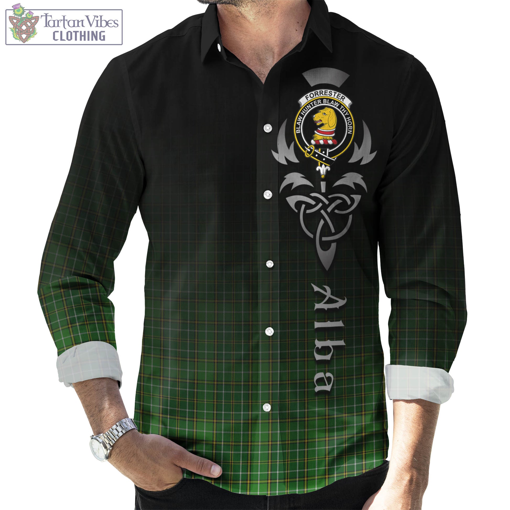 Tartan Vibes Clothing Forrester or Foster Hunting Tartan Long Sleeve Button Up Featuring Alba Gu Brath Family Crest Celtic Inspired