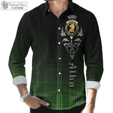 Forrester Hunting Tartan Long Sleeve Button Up Featuring Alba Gu Brath Family Crest Celtic Inspired