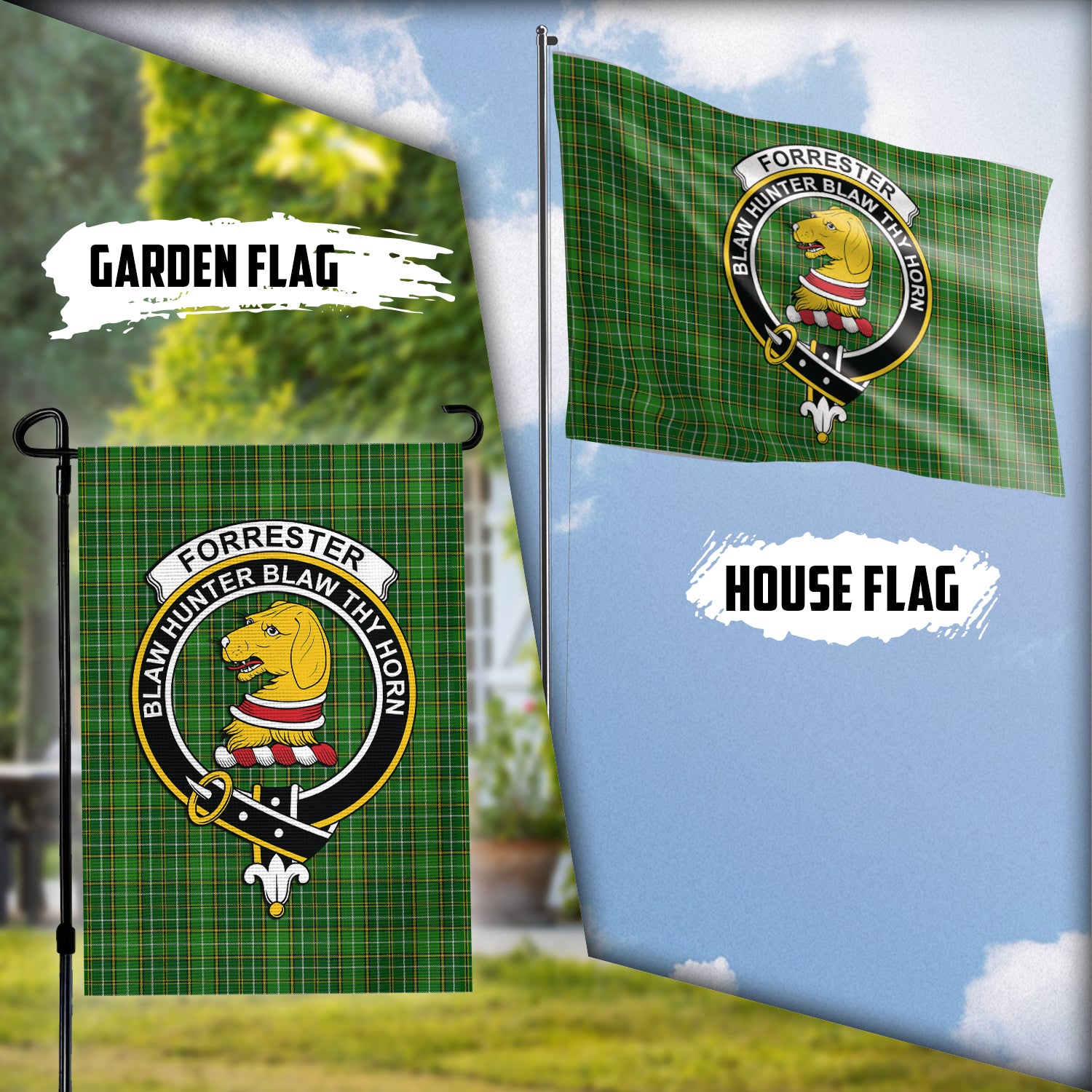 Forrester Hunting Tartan Flag with Family Crest Garden Flag (Vertical) - Tartan Vibes Clothing